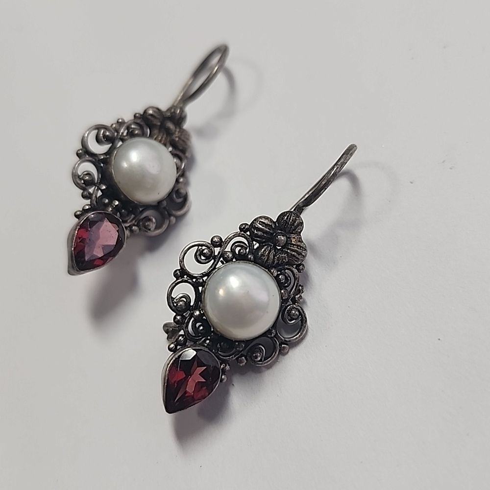 Sterling Silver Garnet Pearl French Hook Earrings 925 - Picture 2 of 4